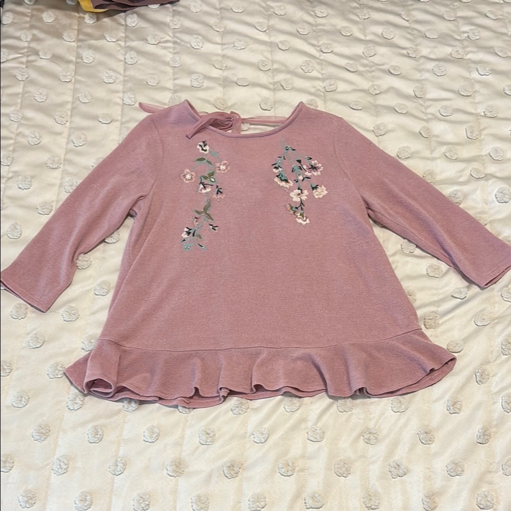 Pink Floral Embroidered Ruffle Top